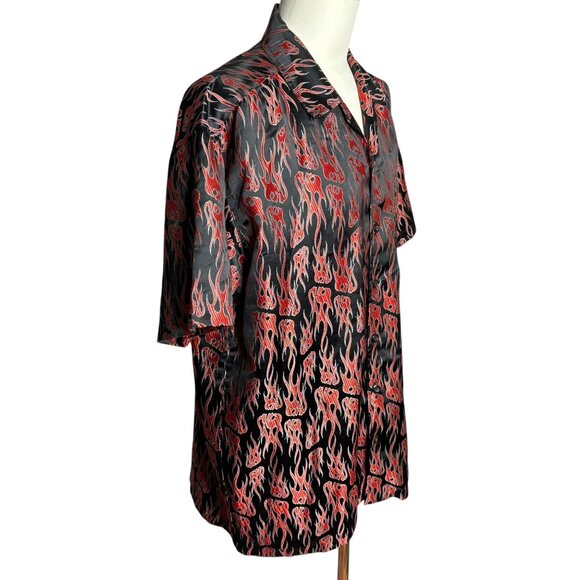 Vintage Y2K Button Up Embroidered Club Shirt L Black Red Flames Skulls Camp - Picture 5 of 6